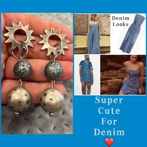 Vintage Antiqued Silver Sun With Denim Blue & Silver Drop Earrings-Boutique